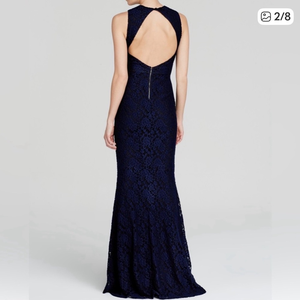 Alice + Olivia Roxie Blue Black Floral Lace Gown